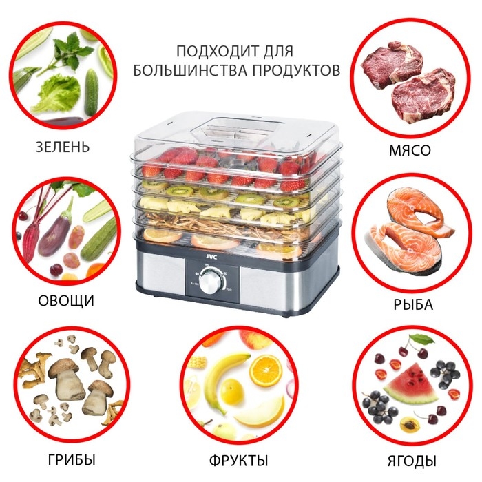 Сушилка для овощей и фруктов jvc JK-FD751, 245 Вт, 6 уровней, серебристо-чёрная Сушилка для овощей и фруктов jvc JK-FD751, 245 Вт, 6 уровней, серебристо-чёрная