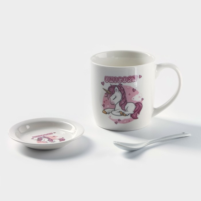 Кружка керамическая с подставкой и ложкой &laquo;Единорог в мечтах&raquo;, 330 мл, рисунок МИКС