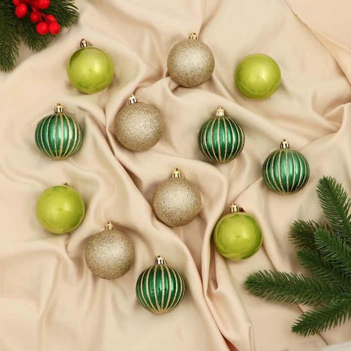 Набор шаров пластик d-6 см, 12 шт Набор шаров пластик d-6 см, 12 шт "Агнет" полосы блеск, зелёный золото