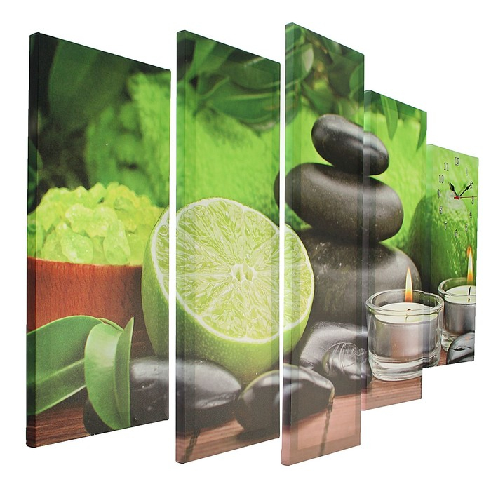 Часы-картина настенные, модульные Часы-картина настенные, модульные "Лайм, свечи и камень", бесшумные, 80 х 140 см