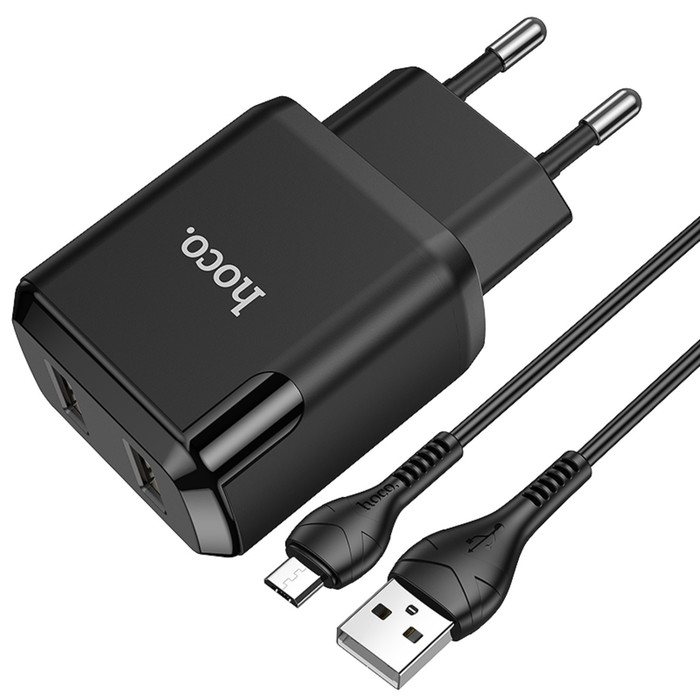 Сетевое зарядное устройство Hoco N7, 2 USB - 2.1 А, кабель microUSB 1 м, черный Сетевое зарядное устройство Hoco N7, 2 USB - 2.1 А, кабель microUSB 1 м, черный