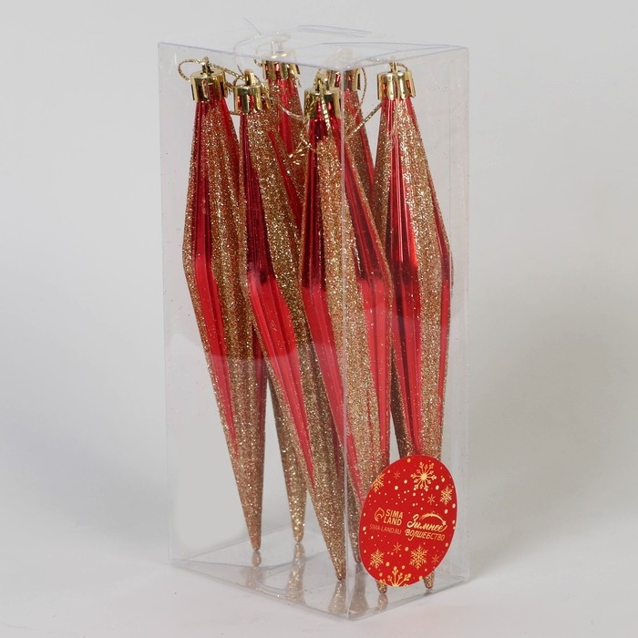 Украшение ёлочное "Сосулька острая в полоску" (набор 6 шт) 3х18 см, красный