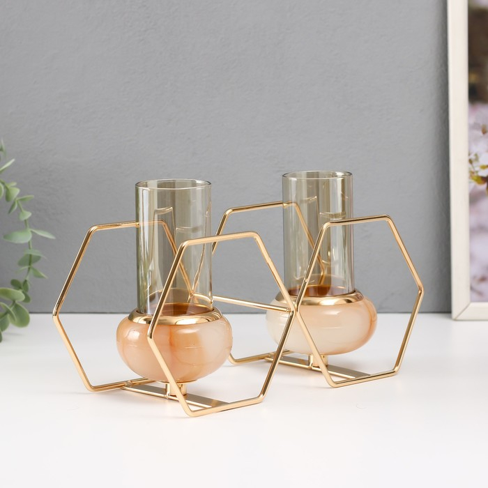 Подсвечник металл, стекло на 2 свечи "Шестигранники" белый с золотом 15,5х26,5х10,5 см