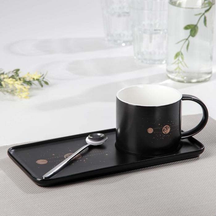 Чайная пара керамическая &laquo;Вселенная&raquo;, чашка 280 мл, блюдце 24,5&times;12&times;7,5 см, ложка, цвет чёрный