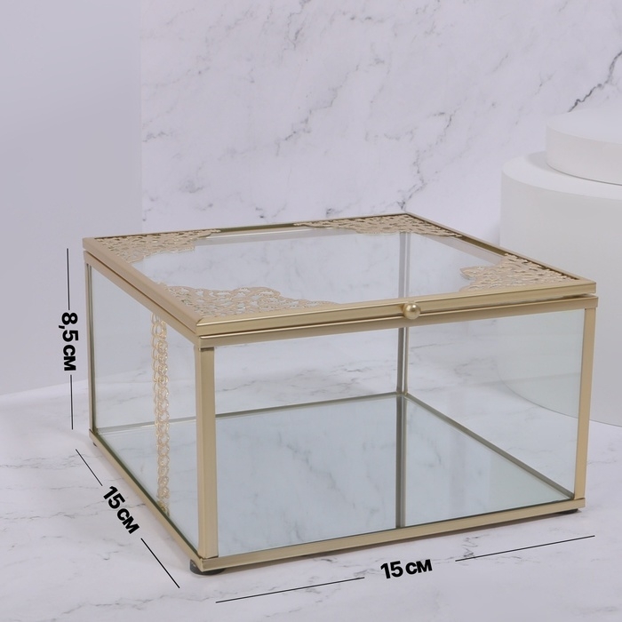 Органайзер для хранения &laquo;GREAT&raquo;, с крышкой, стеклянный, с зеркальным дном, 1 секция, 15 &times; 15 &times; 8,5 см, цвет прозрачный/медный