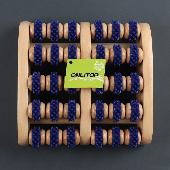 Массажёр для ног &laquo;Ножное счастье&raquo;, 22 &times; 20 &times; 5,5 см, 5 рядов с шипами, деревянный, цвет синий/бежевый