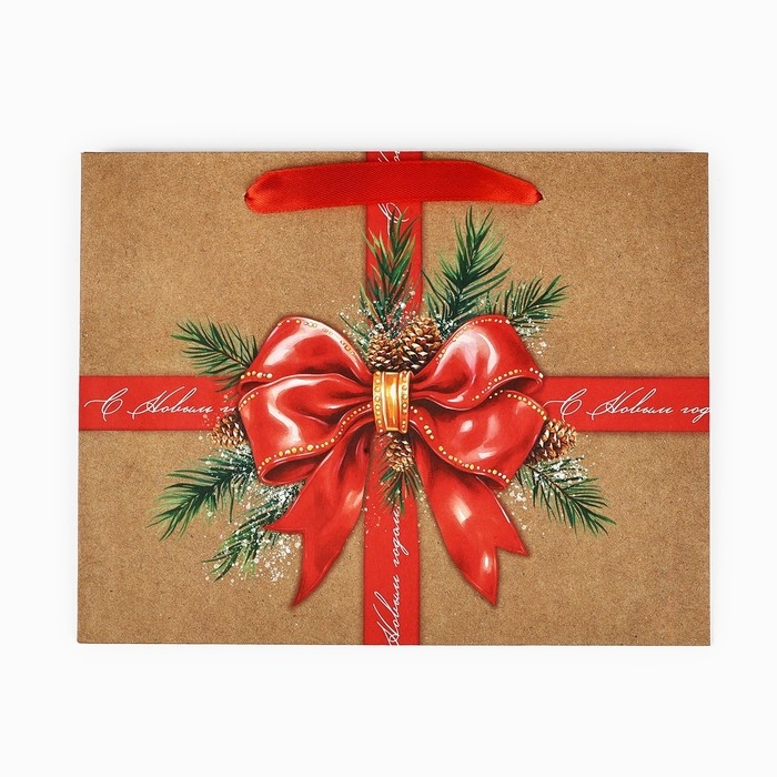 Пакет подарочный новогодний крафтовый вертикальный &laquo;С Новым годом&raquo;, бант, MS 18 х 23 х 10 см, Новый год