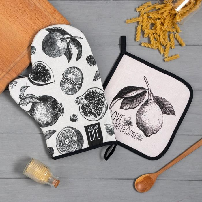 Набор кухонный «Love healthy» варежка-прихватка 20х28см, прихватка 19х19см,100% хл Набор кухонный «Love healthy» варежка-прихватка 20х28см, прихватка 19х19см,100% хл