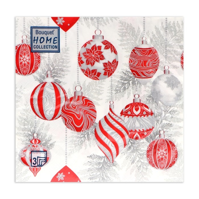 Новогодние салфетки бумажные Home Collection «Красные игрушки на серебре», 3 слоя, 33х33 см, 20 шт Новогодние салфетки бумажные Home Collection «Красные игрушки на серебре», 3 слоя, 33х33 см, 20 шт