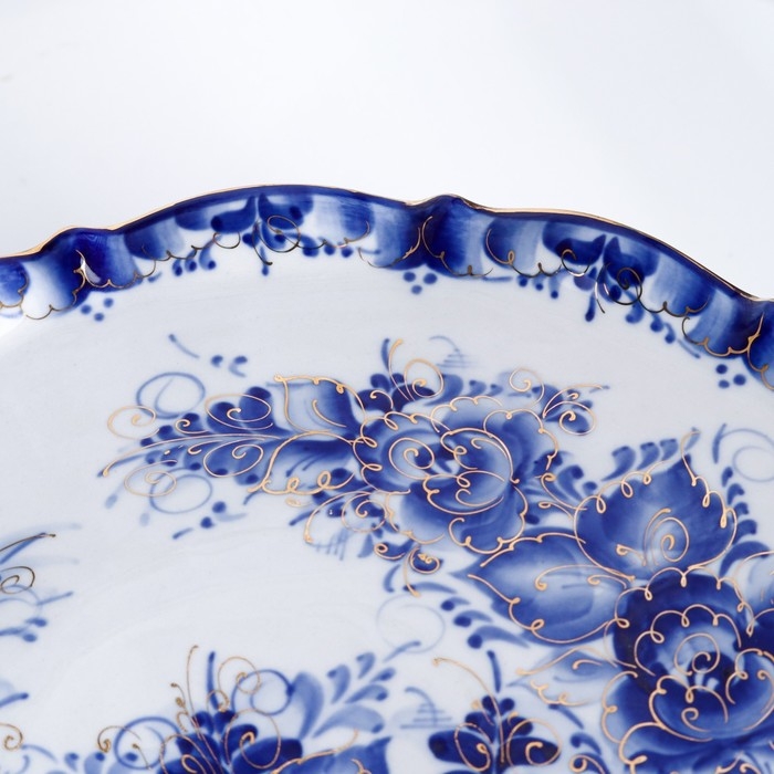 Тарелка для торта «Цветок», гжель, золото Тарелка для торта «Цветок», гжель, золото