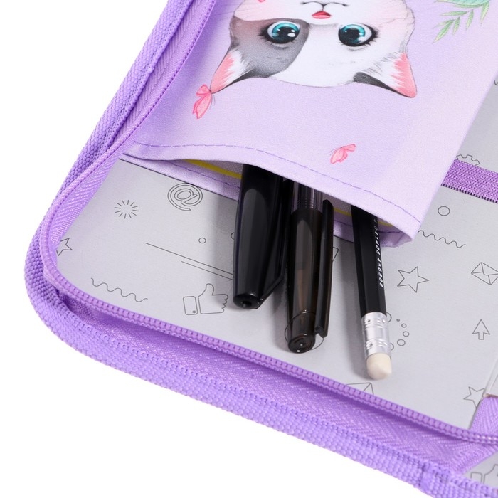 Пенал 1 секция 140 х 210 х 40 мм, откидной карман и косметичка, тканевый, Calligrata TOP Content Пенал 1 секция 140 х 210 х 40 мм, откидной карман и косметичка, тканевый, Calligrata TOP Content "Котик в цветах"