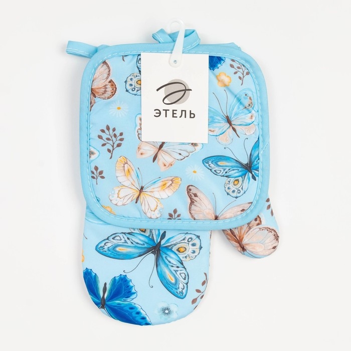 Кухонный набор 2 прихватки Этель &laquo;Бабочки&raquo; , прихватка 17х17 см, варежка 24х16 см, 100% п/э