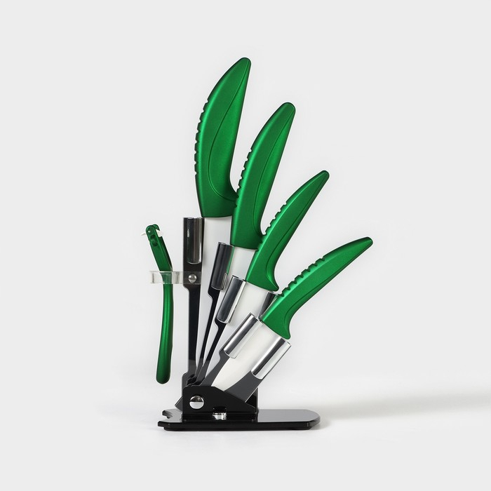 Набор кухонный на подставке &laquo;Изгиб&raquo;, 5 предметов: 4 ножа, 7,5 см, 10 см, 13 см, 15 см, овощечистка, цвет зелёный