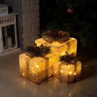 Светодиодная фигура &laquo;Бежевые подарки&raquo; 15, 20, 25 см, текстиль, металл, 220 В, свечение тёплое белое