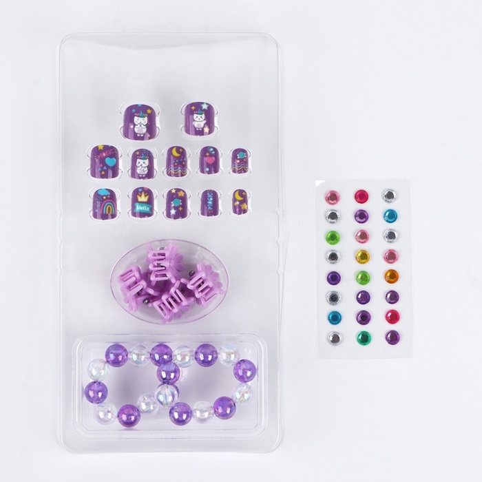 Детские накладные ногти &laquo;Радужный Единорожка&raquo;, 12 шт, набор с браслетом и заколками