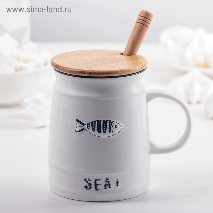 Кружка керамическая с деревянной крышкой и ложкой &laquo;Морская&raquo;, 400 мл, рисунок МИКС