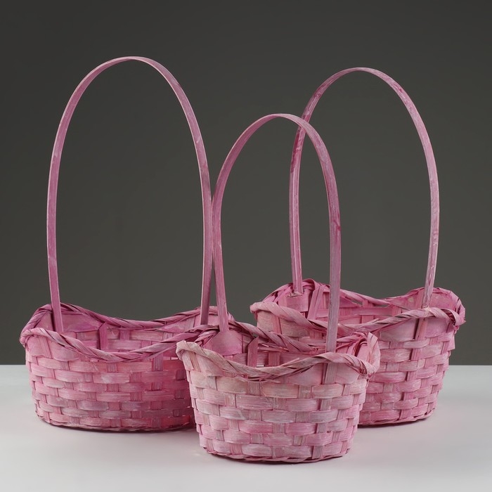 Набор корзин, 19х7,5х9,5/31 см, 22х9х11/34 см, 24х9х11,5/35 см, 3 шт, розовые, бамбук Набор корзин, 19х7,5х9,5/31 см, 22х9х11/34 см, 24х9х11,5/35 см, 3 шт, розовые, бамбук