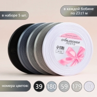 Набор атласных лент, 5 шт, размер 1 ленты: 10 мм &times; 23 &plusmn; 1 м, цвет серый спектр