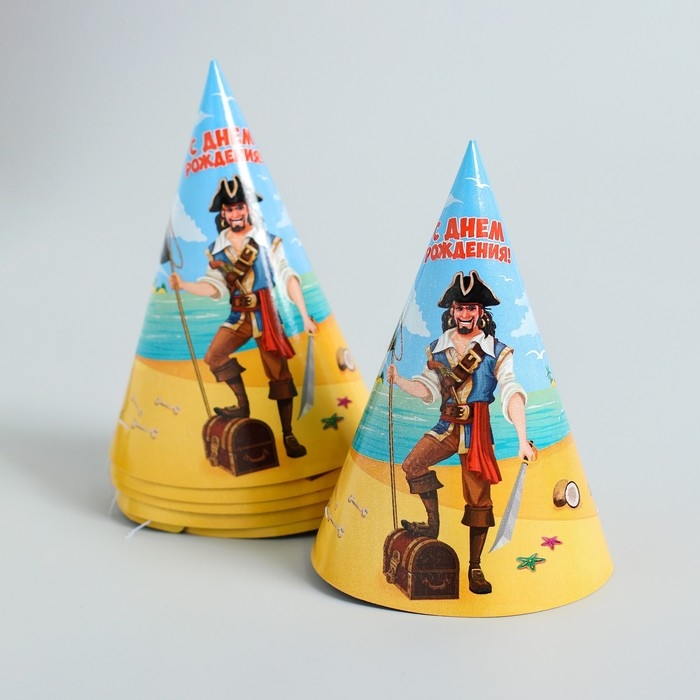 Набор бумажной посуды одноразовый С днём рождения. Бравый пират&raquo;, 6 тарелок, 6 стаканов, 6 колпаков, 1 гирлянда