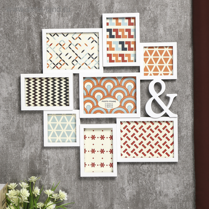 Фоторамка пластик на 8 фото 10х10, 10х15, 13х18 см Фоторамка пластик на 8 фото 10х10, 10х15, 13х18 см "&" белая 50,5х51,5х2 см