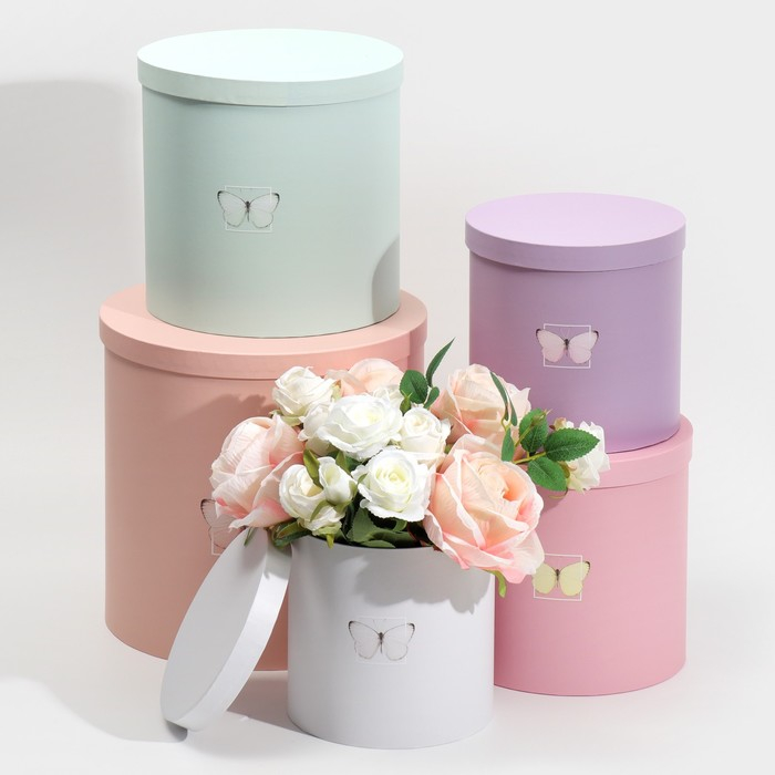 Набор круглых коробок 5 в 1, упаковка подарочная, &laquo;Бабочки&raquo;, 23 х 23 х 25 ‒ 15 х 15 х 15 см