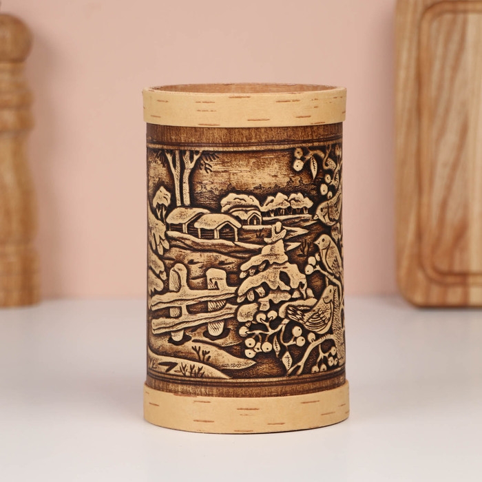 Туес "Зимняя деревня", 9,5х10,5 см, 1 л, береста