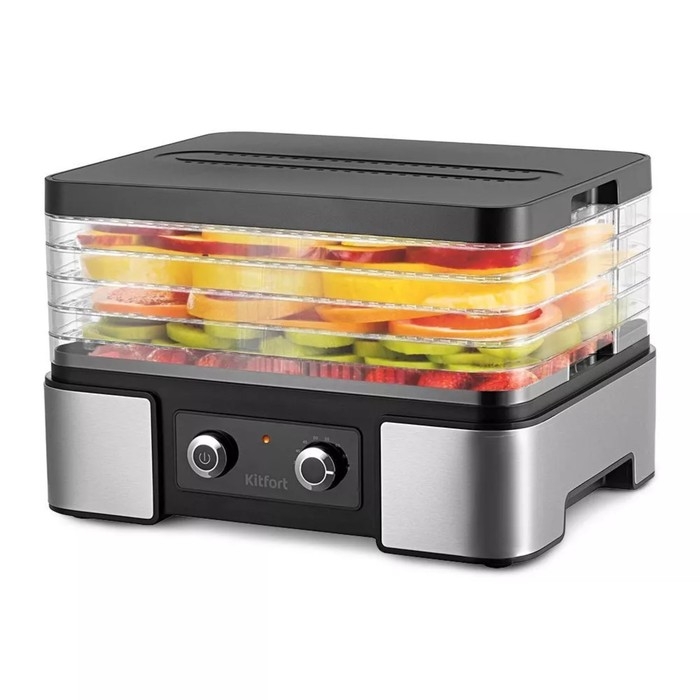 Сушилка для овощей и фруктов Kitfort КТ-1958, 450 Вт, 5 ярусов, таймер, серебристо-чёрная Сушилка для овощей и фруктов Kitfort КТ-1958, 450 Вт, 5 ярусов, таймер, серебристо-чёрная