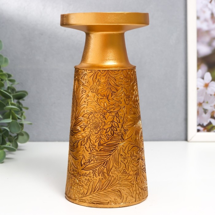 Подсвечник полистоун на 1 свечу "Растительные узоры" золото 19,5х9,5х9,5 см