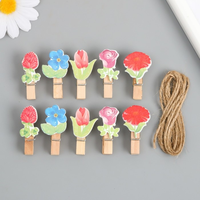 Декор для творчества дерево Декор для творчества дерево "Прищепка. Цветочки" набор 10 шт 4х2,3х1,2 см