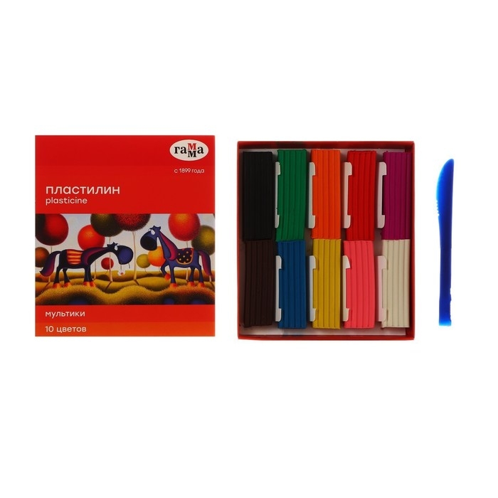 Пластилин 10 цветов 200 г, Гамма Пластилин 10 цветов 200 г, Гамма "Мультики", со стеком, картонная упаковка 280017