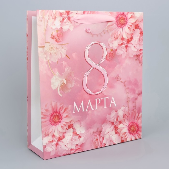 Пакет подарочный ламинированный, упаковка, &laquo;С 8 марта&raquo;, цветы, M 30 х 26 х 9 см