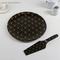 Тортовница стеклянная с лопаткой Доляна «Золотое перо», d=30 см, лопатка 26,5×7 см, цвет чёрный Тортовница стеклянная с лопаткой Доляна «Золотое перо», d=30 см, лопатка 26,5×7 см, цвет чёрный