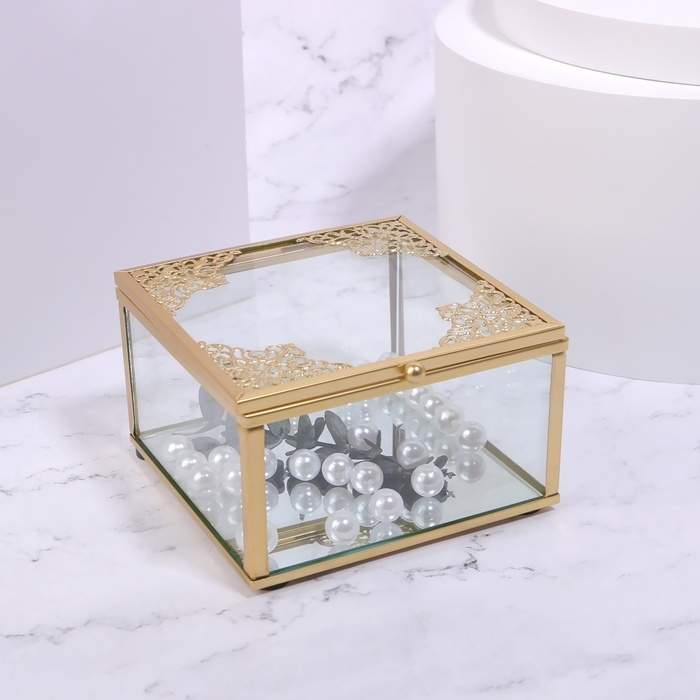 Органайзер для хранения &laquo;GREAT&raquo;, с крышкой, стеклянный, с зеркальным дном, 1 секция, 10 &times; 10 &times; 6 см, цвет прозрачный/медный