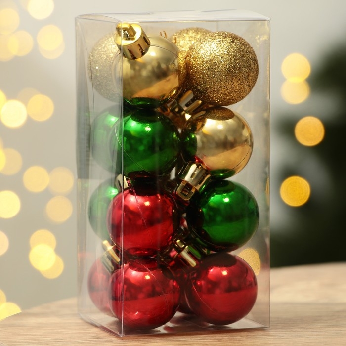 Шары ёлочные новогодние, на Новый год, пластик, d=3 см, 16 шт., цвет зелёный, красный и золотой Шары ёлочные новогодние, на Новый год, пластик, d=3 см, 16 шт., цвет зелёный, красный и золотой