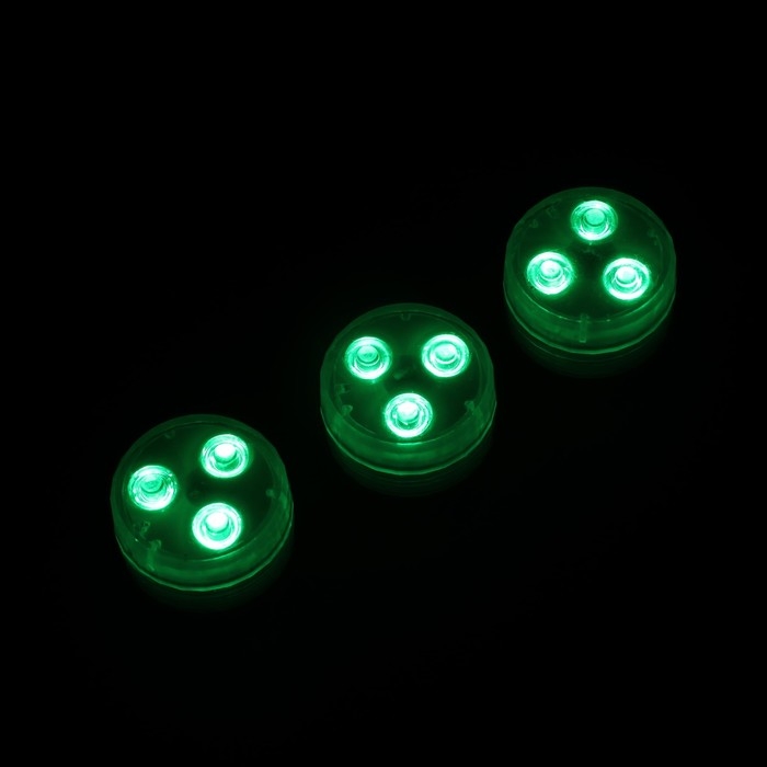 Светильник водонепроницаемый мини, 3 x 1.9 см, 3 шт, от CR2032 (в компл.), пульт, RGB, IP68 Светильник водонепроницаемый мини, 3 x 1.9 см, 3 шт, от CR2032 (в компл.), пульт, RGB, IP68