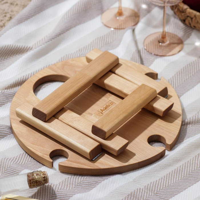 Столик - поднос для вина с менажницей и складными ножками Adelica, на 3 персоны, d=32&times;2,8 см, берёза