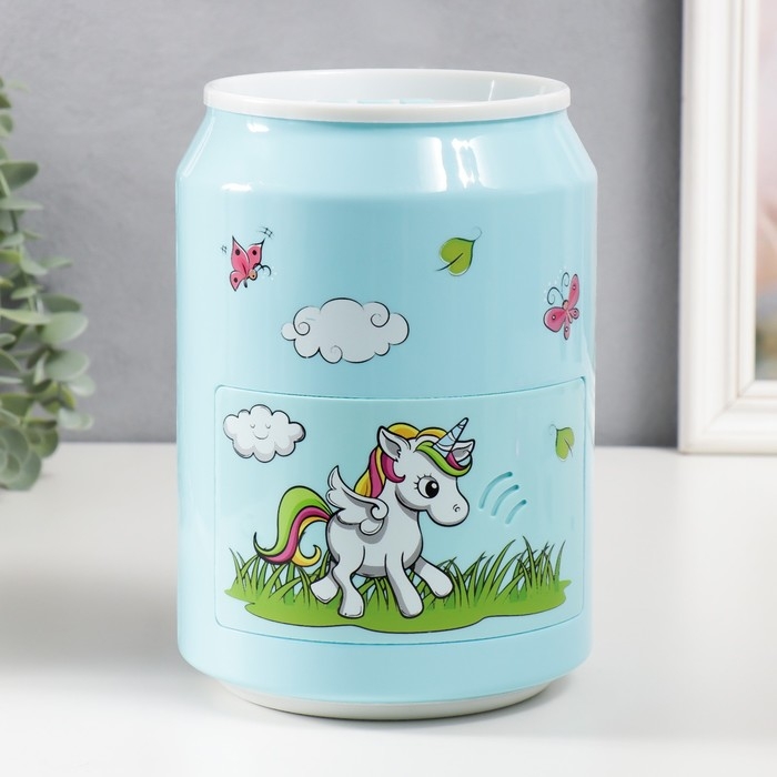 Копилка пластик "Банка. Единорожка" кодовый замок, звук АА голубой 15х21 см