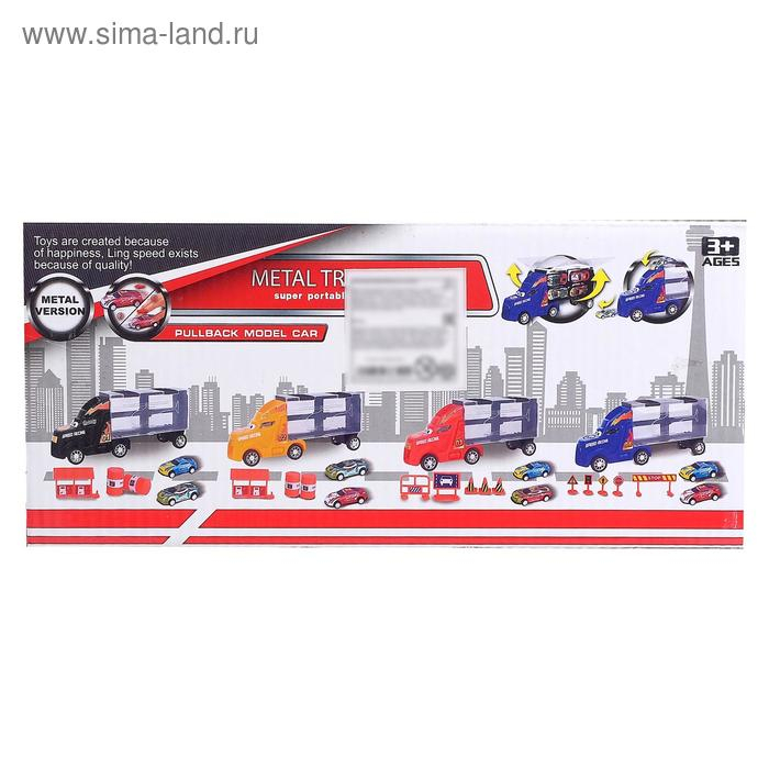 Гараж детский &laquo;Грузовик &laquo;Перевозчик&raquo;, 2 металлические машинки и дорожные знаки, МИКС