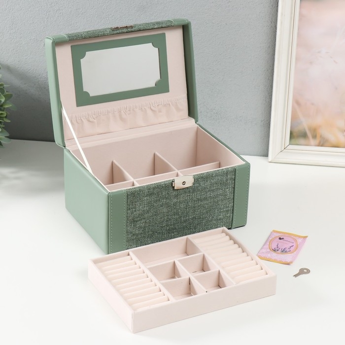 Шкатулка кожзам для украшений сундук "Зелёная" комбинированная 23,5х16,5х14,5 см