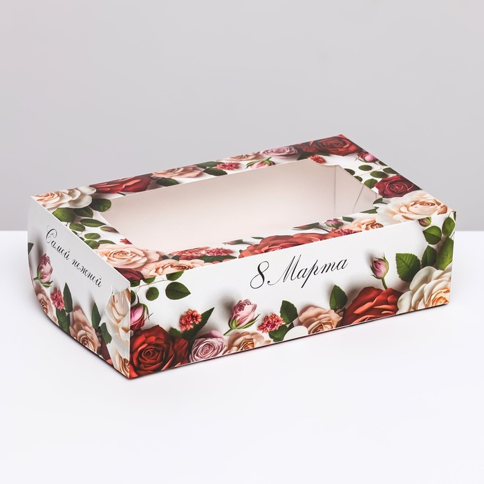 Коробка складная с окном под зефир Коробка складная с окном под зефир "8 марта, розы", 25 х 15 х 7 см