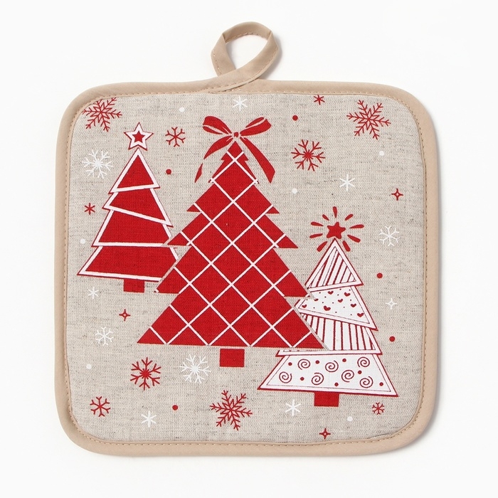 Прихватка "Елочки красные", 18х18см,160г/м, лен50% хл50%
