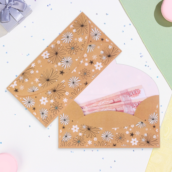 Конверт для денег "Универсальный" цветы на крафте, 19 х 10 см