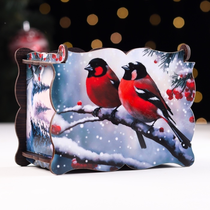 Новый год. Шкатулка "2 снегиря", средняя, 14х11х7см