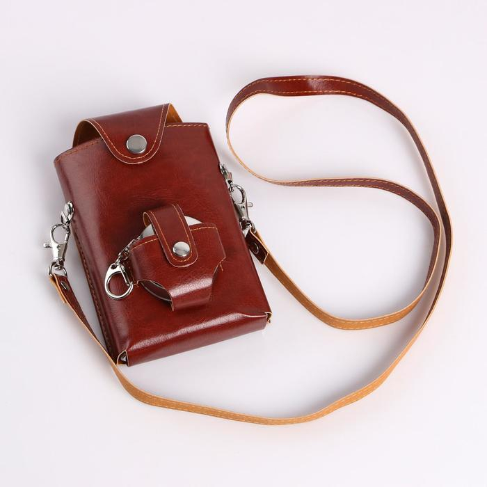 Набор 4 в 1: фляжка 9 oz + ложка + вилка + рюмка 100 мл, в чехле, коричневая кожа