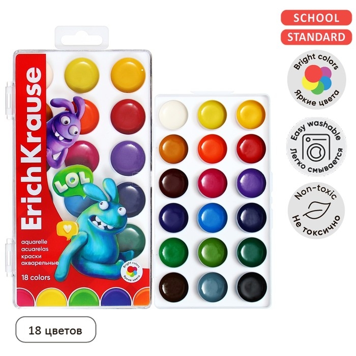 Акварель 18 цветов, ErichKrause Jolly Friends, без кисти, пластиковая коробка, еврподвес