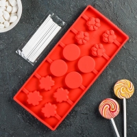 Форма для леденцов Доляна «Вкусная сладость», силикон, 26,5×11,5 см, 12 ячеек (d=3,5 см), с палочками, цвет МИКС Форма для леденцов Доляна «Вкусная сладость», силикон, 26,5×11,5 см, 12 ячеек (d=3,5 см), с палочками, цвет МИКС