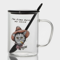 Кружка стеклянная с керамической крышкой и ложкой &laquo;Хипстер&raquo;, 450 мл, рисунок МИКС