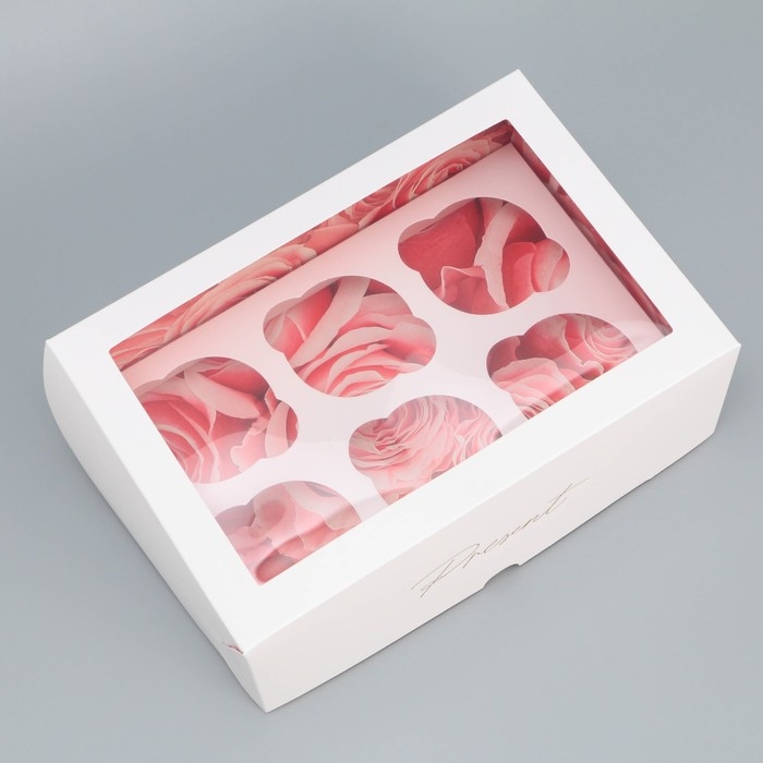 Коробка для капкейков, кондитерская упаковка двухсторонняя, 6 ячеек &laquo;Розы&raquo;, 25 х 17 х 10 см