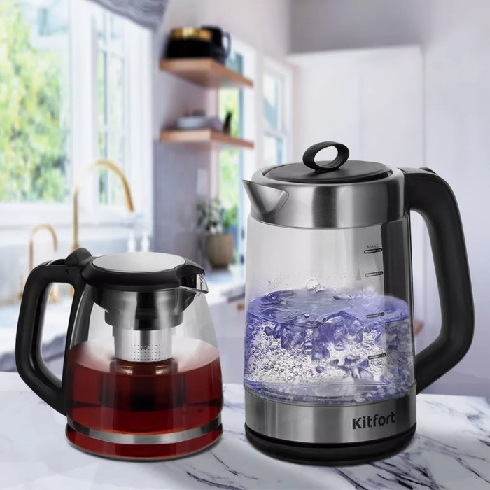 Чайный набор Kitfort КТ-6639, стекло, 1.8/1.2 л, 1500 Вт, чёрно-серебристый