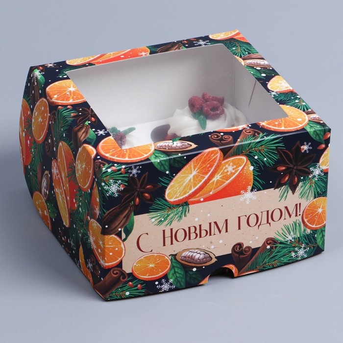 Коробка складная на 4 капкейков с окном &laquo;Пряности&raquo;, 16 х 16 х 10 см, Новый год